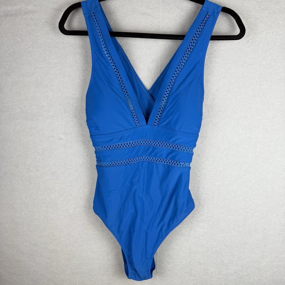 NWT Tempt Me Womens Royal Blue Crochet Mesh V-Neck One Piece Swimsuit Sz M